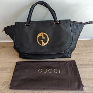 GUCCI Leather 1973 Medium Top Handle Bag in Black Pebbled Calf Leather